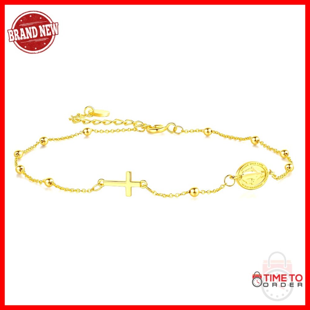 14k Gold Ankle Bracelet With Cross And Jesus Medallion, Lobster Clasp